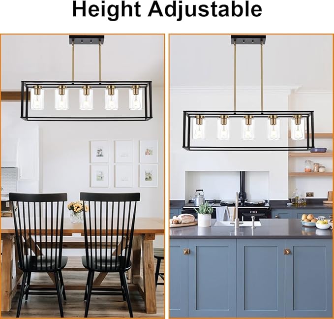 VINLUZ Farmhouse Chandeliers for Kitchen Island with Clear Glass Shade Black and Brushed Brass 5 Light Dining Room Lighting Fixtures Hanging, Rectangle Pendant Lights Industrial Ceiling Light