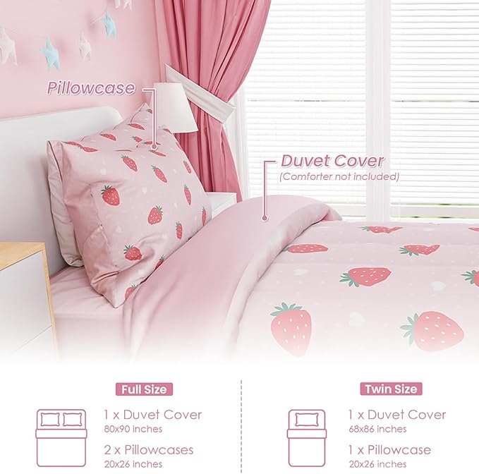 SANDJEST Strawberry Duvet Cover Sets Twin Size for Kids Girls, Include 1 Polyester Comforter Cover 68x86 Inches and 1 Pillowcase 20x26 Inches, Comforter Not Included, Gift for Christmas Birthday