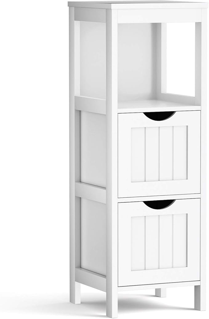 Tangkula Bathroom Floor Cabinet, Wooden Storage Cabinet w/2 Adjustable Drawers, Narrow Storage Floor Cabinet for Living Room Bathroom Office (White)