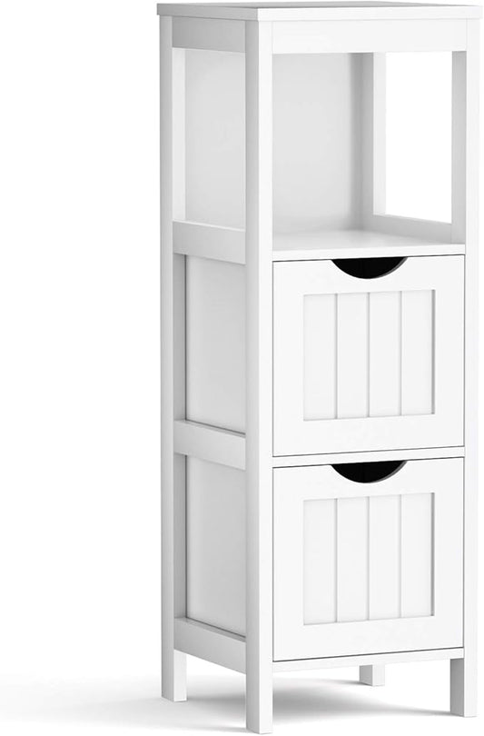 Tangkula Bathroom Floor Cabinet, Wooden Storage Cabinet w/2 Adjustable Drawers, Narrow Storage Floor Cabinet for Living Room Bathroom Office (White)