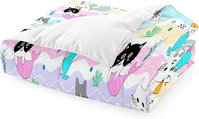 Cat Twin Bedding Set 2Pcs - Cartoon Mermaid Tail Cat Twin Comforter Set for Girls Bedroom Ultra Soft Warm Kitty Comforter Set for Girls Room Decor with 1 Cat Comforter and 1 Pillowcase, Twin Size