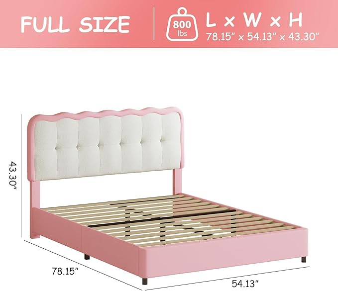 BarnFurin Full Size Bed Frame with LED Lights, Full Bed Frame with Headboard LED Lights, Upholstered Platform Bed with Cloud Headboard, No Box Spring Required, Easy Assembly, Pink