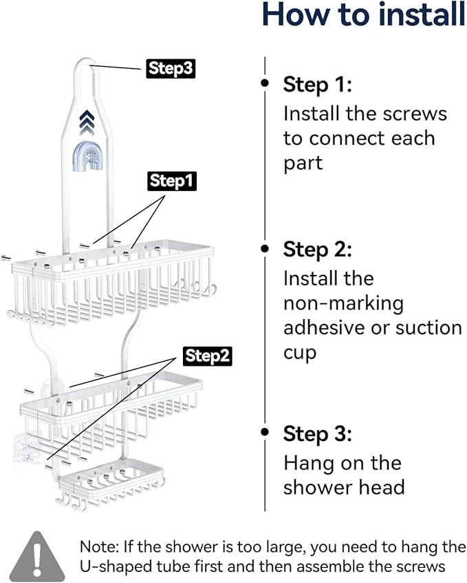 YASONIC Shower Caddy Hanging - Never Rust Shower Organizer - Aluminum over The shower head caddy with 10 Hooks for Razor/Sponge - Shower Rack with Soap Basket - White