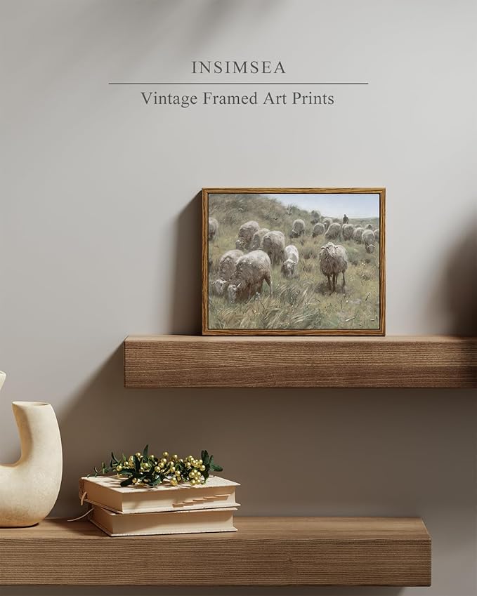 InSimSea Framed Canvas Wall Art Vintage Decor, Sheep On The Dunes Oil Painting Prints, Eclectic Room Decor, Retro Wall Art for Bedroom Home Bathroom Wall Decoration, 8"x10"