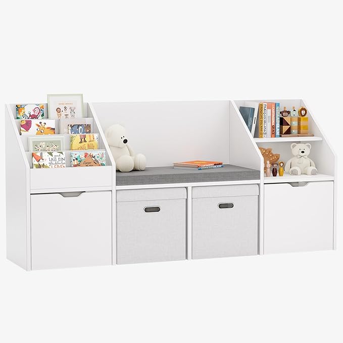oneinmil 67" Kids Reading Nook with Bench Kids Bookshelf and Bookcase with Seat Cushion and Cube Storage Organizer Toddler Storage Cabinets Box on Wheels Children Toy Chestfor Bedroom, Nursery, White
