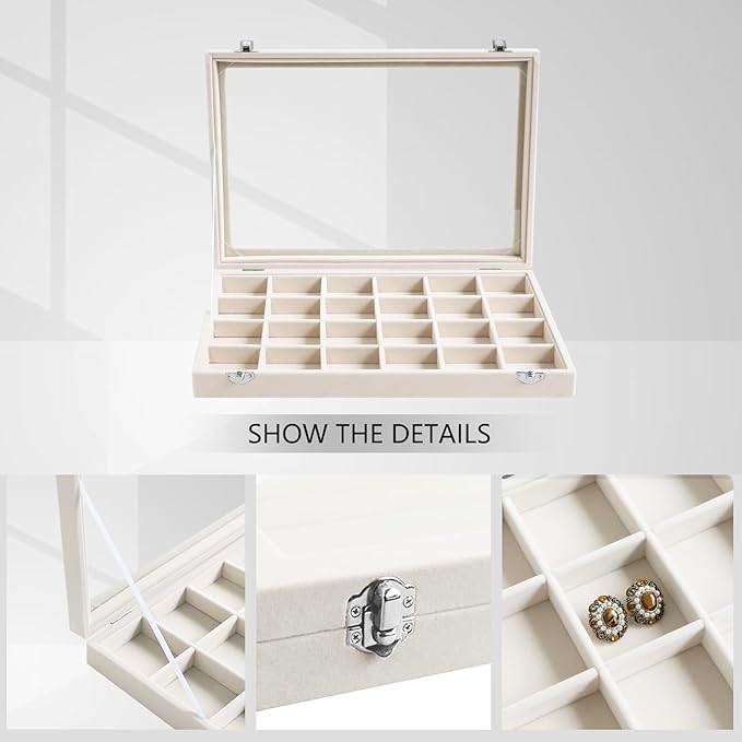 Wudygirl Jewelry Organizer Earring Holder Jewelry Tray with Lid Velvet Jewelry Box Jewelry Display Case Bracelet Earrings Ring Holder for Women Dresser (Beige 24 Grid Jewelry Tray)