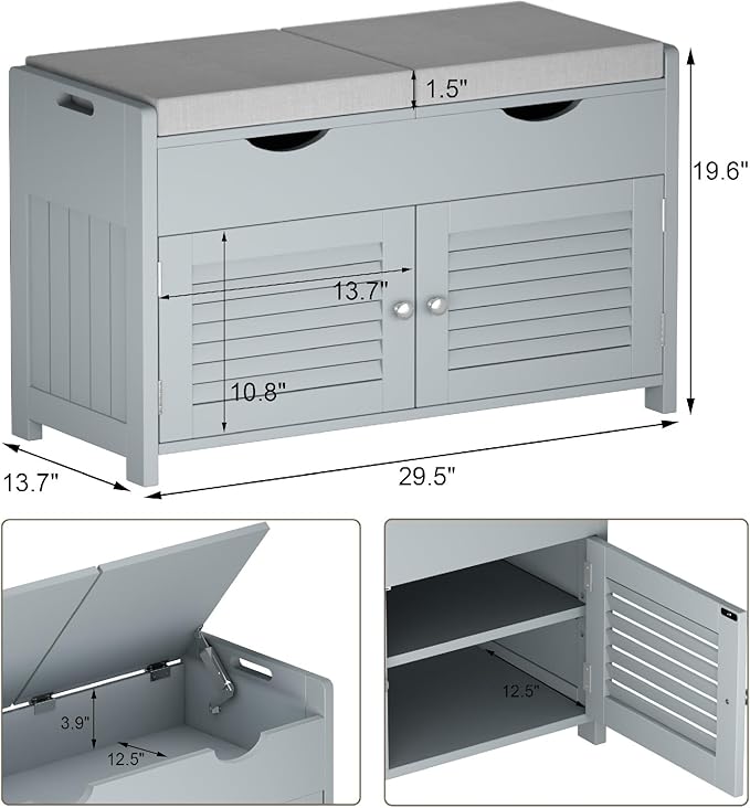 ChooChoo Shoe Storage Bench with Lift Top Storage, Entryway Bench with 2 Cushioned Seats, 3 Compartments, Adjustable Shelf, Shoe Cabinet for Entryway, Bedroom, Living Room, Grey