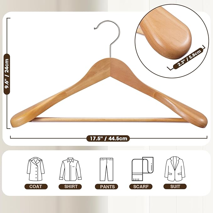 Wide Shoulder Hanger 10 Pack,Solid Wood Hanger,Heavy Duty Suit Hangers,Coat Hangers with Retotating Hooks & Non Slip Pants Bar,Smooth Clothes Hangers for Sweater, Pants, Jacket(Natural