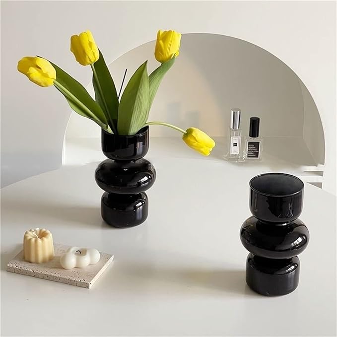 BLOFLO Black Glass Hydroponic Vase, 7Inches Glass Vase for Flower, Modern Geometric Three-Layer Floral Vases for Home Office, Wedding Table Decoration(Black)