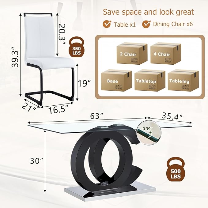 63'' Glass Dining Table Set for 6, Kitchen Table Chairs Set of 6, Clear Glass Dining Table with Black unique design Leg and Silver Metal Base, 6 PU Dining Chairs with Metal Legs, Living Room, Kitchen.
