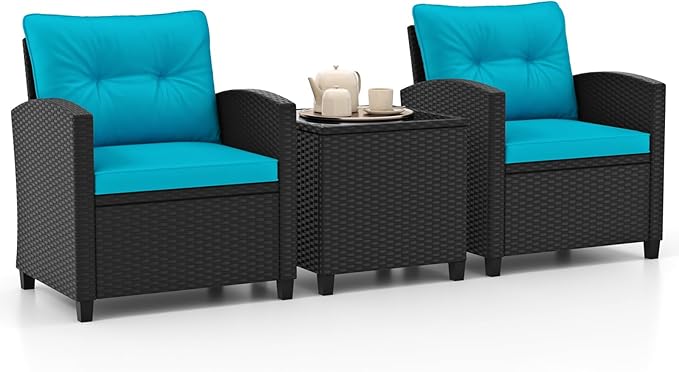 RELAX4LIFE 3-Piece Patio Furniture Set - Wicker Rattan Bistro Sofa Set w/Glass Top Coffee Table, Washable Cushions for Porch Balcony Backyard Poolside, Outdoor Furniture Conversation Set (Turquoise)