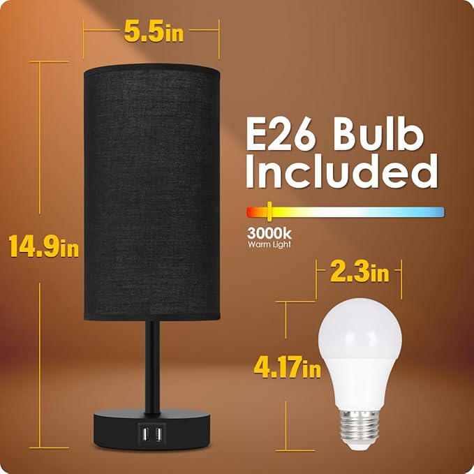 Yarra-Decor Bedside Lamp with USB Port - Touch Control Table Lamp for Bedroom 3 Way Dimmable Nightstand Lamp with Round Black Fabric Shade for Living Room, Dorm, Home Office (LED Bulb Included)