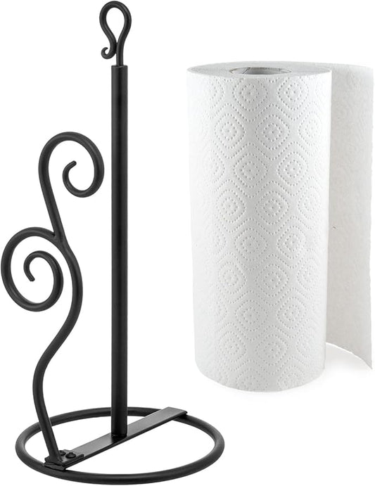 MyGift Rustic Burnt Solid Wood and Industrial Matte Black Metal Dining Combination Caddy with Paper Towel Roll Dispenser Stand, Napkin Holder, and Spice Rack (Matte Black Metal)