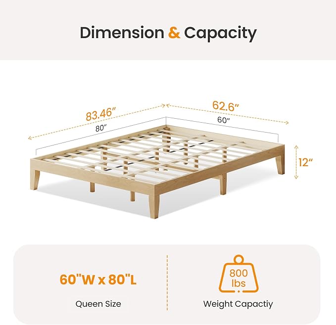 Queen Size Wood Platform Bed Frame, 12 Inch Solid Wood Bed Frame with Wooden Slats, No Box Spring Needed, Easy Assembly, Rustic Pine
