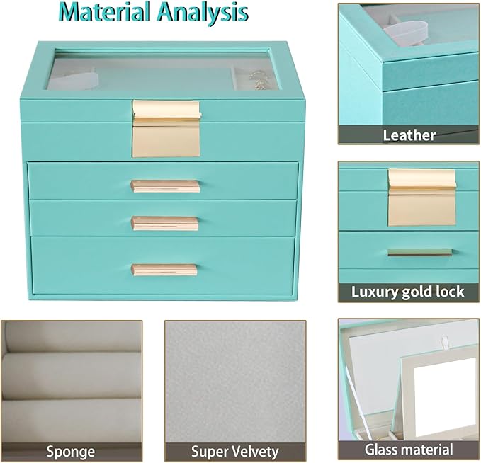 BOOVO Jewelry Boxes for Women, White and Black 4 Layer Glass Lids Jewelry Box for Necklace, Bracelet, Earrings, Rings Storage, Jewelry holder Organizer for Girls Gift (Turquoise, 4 layer)