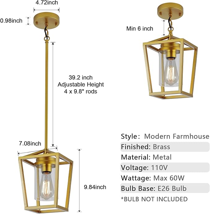 SGLfarmty 1-Light Gold Pendant Light, Farmhouse Cage Pendant Lighting Fixture for Kitchen Island, Lantern Pendant Lights Brass Finish with Glass, Modern Geometric Hanging Light for Foyer, Entryway