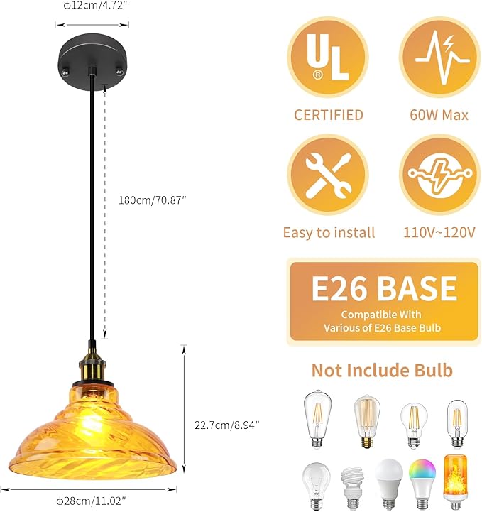 Kitchen Island Pendant Lights, Farmhouse Vintage Pendant Lighting 11.02" Small Nordic Amber Glass Hanging Pendant Lighting Fixtures Over Dining Room Table for Bedroom,Bar,Restaurant,E26
