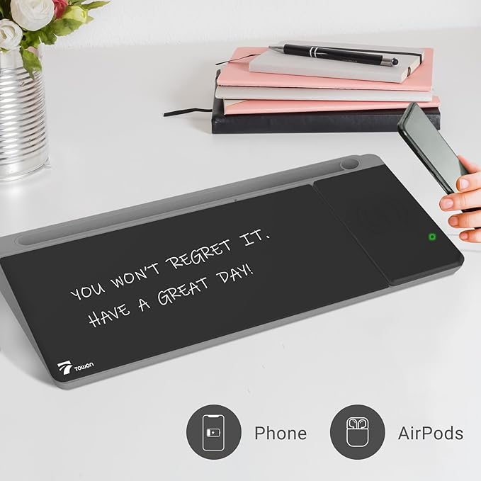 TOWON Black Desk Dry Erase Board with Charger Pad, Small Glass Desktop Whiteboard, Desktop whiteboard - Glass Dry Erase White Board- Desk Computer Buddy for Home Office Supply, 17 x 6 Inches