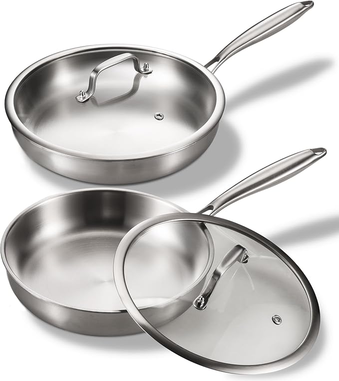 Tri-Ply Stainless Steel Pan Set, PFOA and PTFE-Free Skillet Griddle, Stainless Steel Pan Set with Lid for the Kitchen, Induction-Compatible Cookware Sets, Dishwasher and Oven Safe