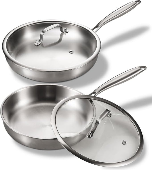 Tri-Ply Stainless Steel Pan Set, PFOA and PTFE-Free Skillet Griddle, Stainless Steel Pan Set with Lid for the Kitchen, Induction-Compatible Cookware Sets, Dishwasher and Oven Safe