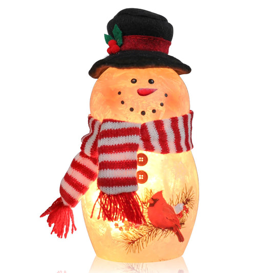 VCUTEKA Crackle Glass Snowman Lamp, Lighted Stained Glass Christmas Decoration with Red Cardinals, Scarf and Hat, LED Holiday Night Light for Xmas Home Décor or Gift
