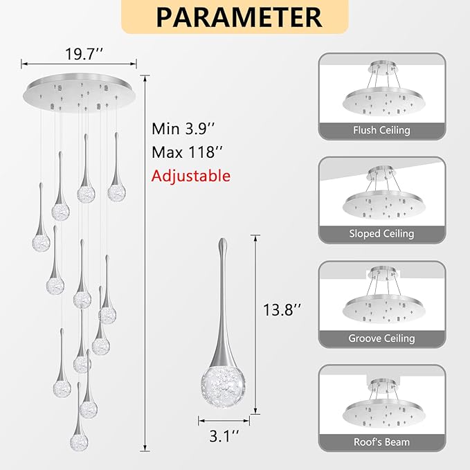 118 inches Modern Glam Crystal Chandelier for High Ceiling LED Dimmable Ceiling Pendant Light Staircase Foyer Enterway Living Room Chandelier Lighting Brushed Nickel 12 Lights