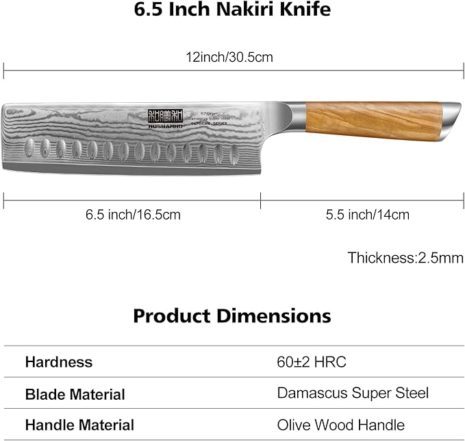 Damascus Nakiri Knife 6.5 Inch, Super Sharp Damascus VG-10 Japanese Kitchen Knife, Cleaver and Vegetable Knife with Ergonomic Olive Wood Handle