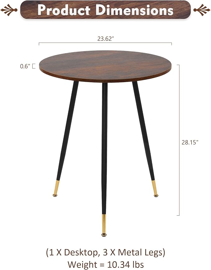 NOBPEINT Round Modern Wooden Side Table, 28 Inches End Table with 3 Metal Legs (Brown)