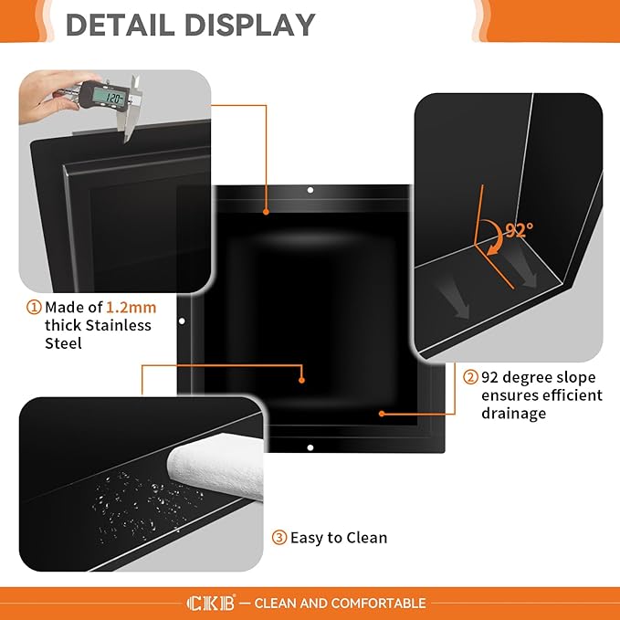 CKB Shower Niche Stainless Steel, 12 Inch x 12 Inch x 4 Inch Depth, Recessed Shower Shelf with Matte Black