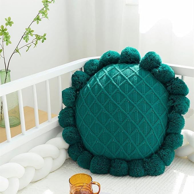 Knitted Throw Pillow Round Couch Pillow Sofa Cute Cushion Handmade Pompoms Decorative Plush Pillow (Green, Diameter 20inches)