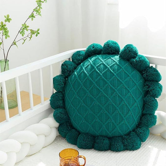 Knitted Throw Pillow Round Couch Pillow Sofa Cute Cushion Handmade Pompoms Decorative Plush Pillow (Green, Diameter 20inches)