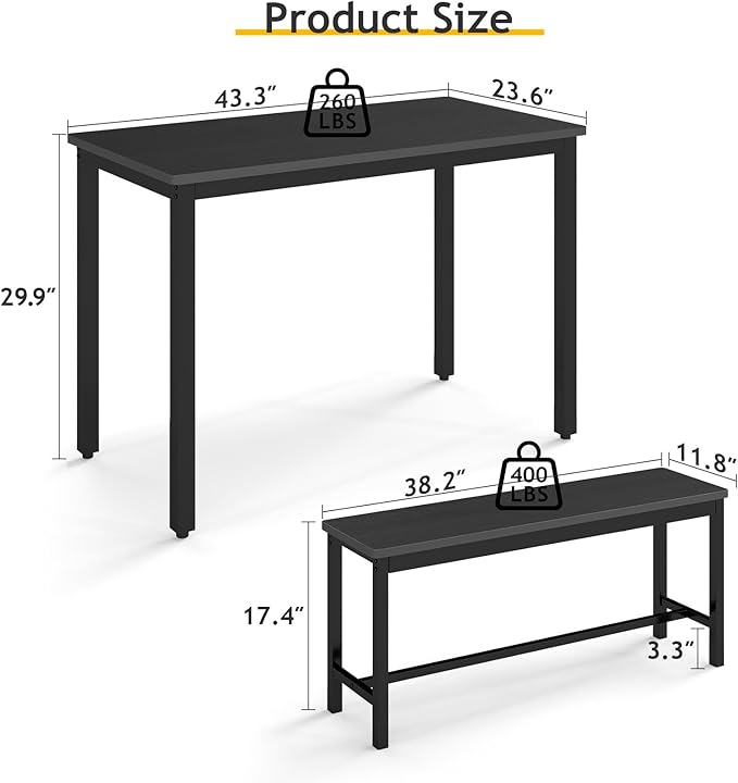 Rovibek 43" Dining Table Benches Set for 4, Modern Space Saving Kitchen Table Chairs & Adjustable Feet Breakfast Table 2 Benches, Wooden Industrial Style Farmhouse, Black