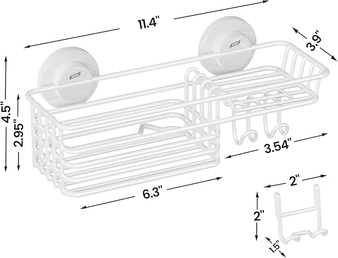 LEVERLOC Shower Caddy Suction Cup, Heavy Duty Bathroom Organizer for Inside Shower with Hooks & Soap holder, NO-Drilling Bathroom Holder-White