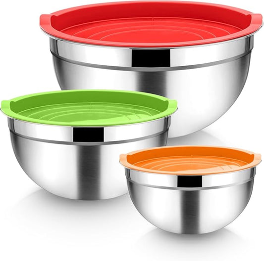 TeamFar Mixing Bowls, Stainless Steel Nesting Salad Bowls with Airtight Lids Set, For Serving/Mixing/Storing, Healthy & Long-lasting, Dishwasher Safe & Easy Clean, 4.6/3 / 1.5 QT, Colorful