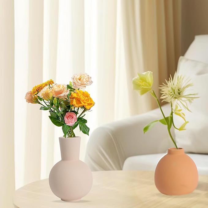 Ceramic Vase Set of 3, Rustic Modern Brown Vases for Bouquet, Fresh or Dried Plants, Home Decor-Modern Decorative Ceramic Flowers Vase for Rustic Home Decor (White-Dark)