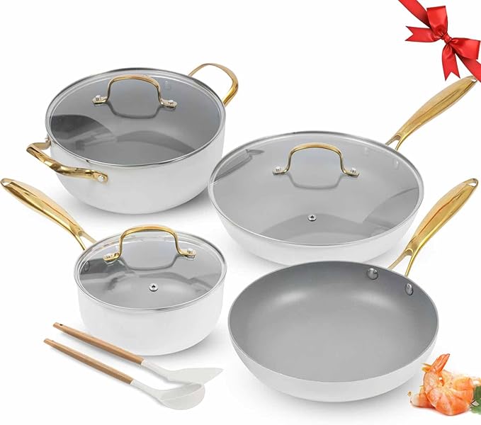 AUDANNE Nonstick Pots and Pans Set 9 Pieces, Non Stick Kitchen Cookware, Cooking Skillets Include Frying Pan with Lid, Saucepan, Casserole, Spoon, Turner Spatula, PFOA Free for Induction, White & Gold