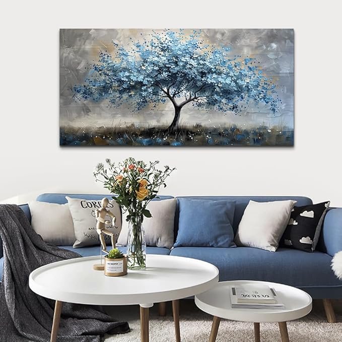 MHARTK66 Canvas Wall Art For Living Room Farmhouse Wall Decor For Bedroom Office Decorations Gray Wall Paintings Blue Tree Landscape Pictures Artwork Ready to Hang for Home Decor art 40"X20"