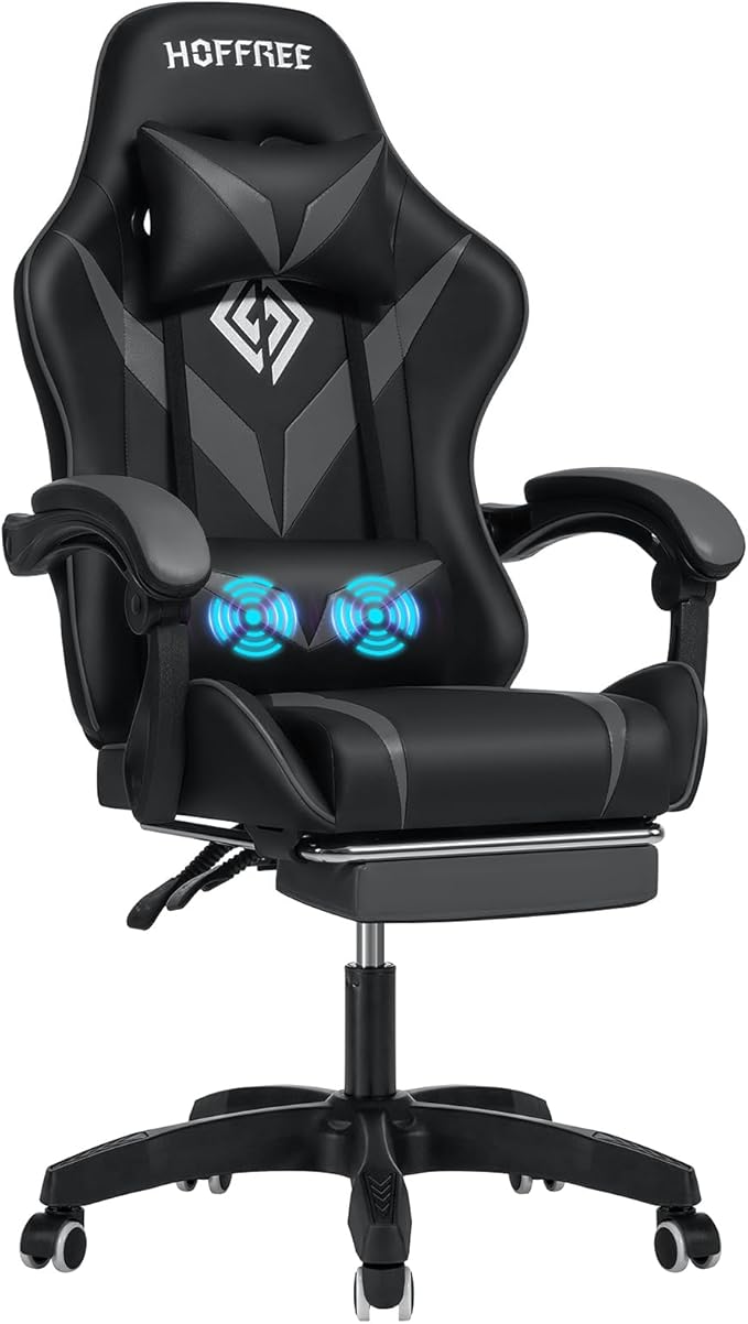 HOFFREE Massage Gaming Chair for Kids Computer Gamer Chair with Footrest and Lumbar Support Reclining PC Game Chair with Headrest for Gaming Room Gray and Black