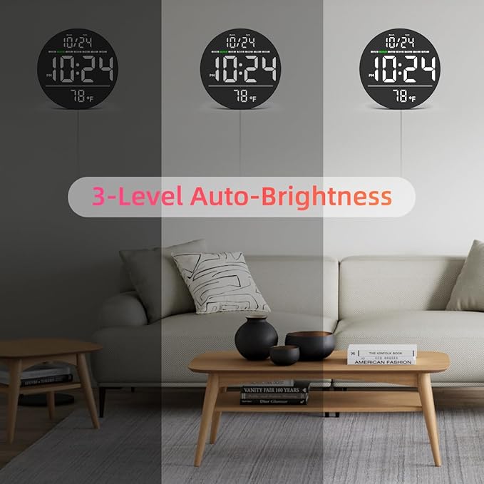 Digital Wall Clock with Large LED Display, Date, Temperature, Auto-Brightness | Small [PLUG-IN] Clock | Modern Electric Wall Clock for Bedroom, Classroom, Living Room, Home, Office, Farmhouse – White
