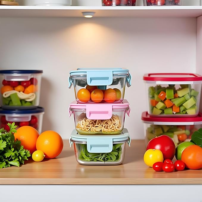 Square Glass Food storage Containers with Airtight Lids, 2 cup Food Meal Prep Containers, Square Glass Bowl For Lunch Sandwich Fruit Snack, Dishwasher Microwave Freezer Safe- (Pink+Green)