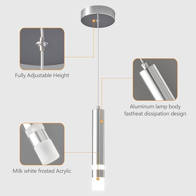 Modern Pendant Light Kitchen Fixture Dimmable LED Chrome Mini Pendant Lighting fo Kitchen Island Bedroom Bedside Table Small Pendant Lights (1-Pack)