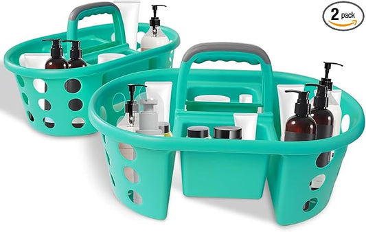 Large Shower Caddy Portable 2PC - Made in USA Plastic Jumbo Size Dorm Storage Candy Tote with Handle Shower Organizer for Bathroom, Pantry, Kitchen, College Dorm, Aqua