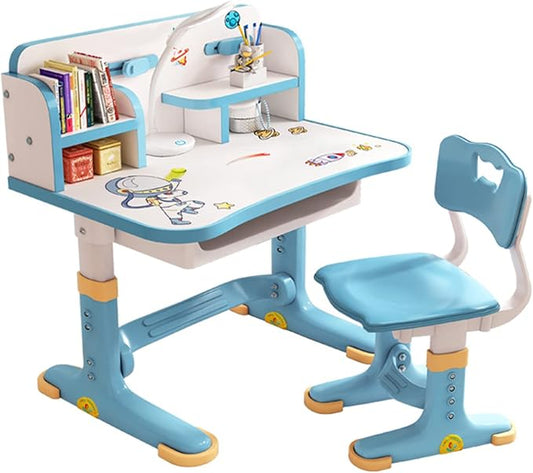 Small Desk, Standing Desk, Desk Chair Set, Widened Desktop Multi Separation Cartoon Pattern Desk Chair Set Kids Adjustable Height Study Table with Drawer Chair Set (Blue)