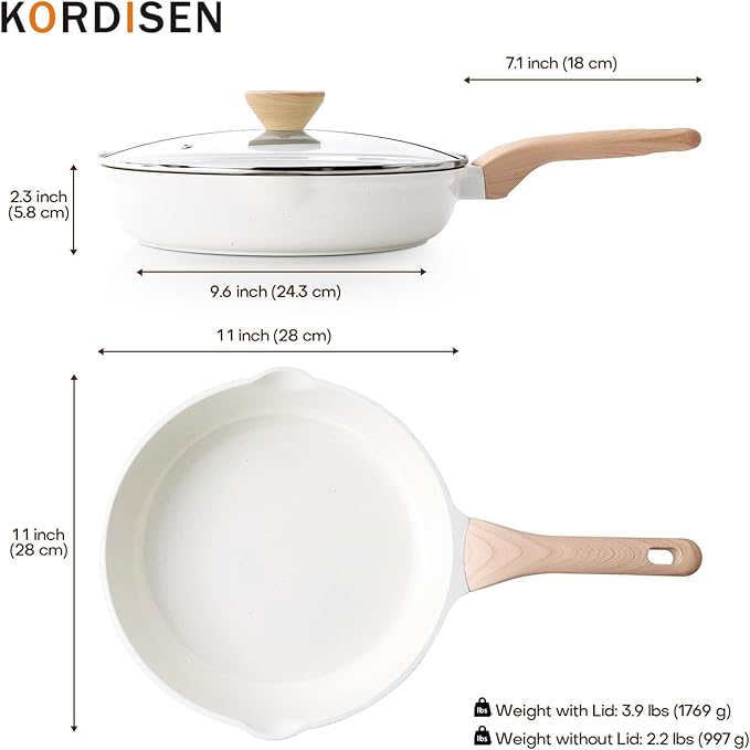 Nonstick Ceramic Frying Pan with Lid, 11 Inch Ceramic Skillet with Lid, Healthy Non Toxic Cooking Pan, Stay-Cool Handle, Induction Compatible, PFOA & PFAS Free, White