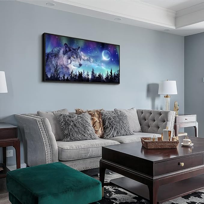 Framed Canvas Wall Art - Large Size Aurora Scenery Paintings - Abstract Wolf Wall Pictures - Black Framed 24" X 48" - For Living Room, Bedroom & Office Decor