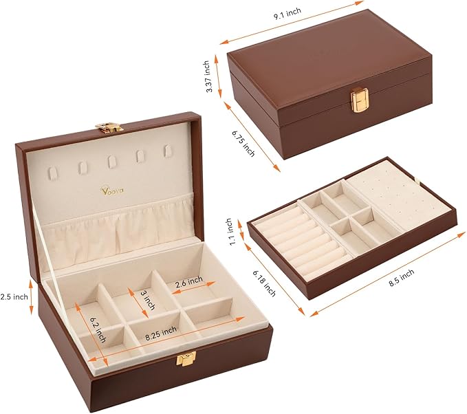 Voova Jewelry Box Organizer for Women Girls, 2 Layer Large Men Jewelry Storage Case, PU Leather Display Jewellery Holder with Removable Tray for Necklace Earrings Rings Bracelets, Caramel Brown