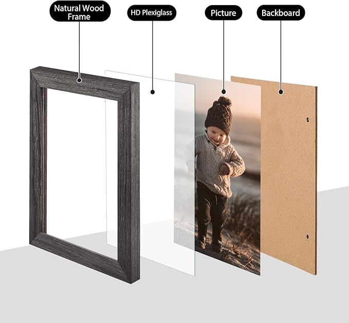 KINLINK 3.5x5 Picture Frame Ash Black, Solid Wood Frames with Plexiglass for Table Top and Wall Mounting, Photo Frames for Horizontal or Vertical Display, 4 Pack