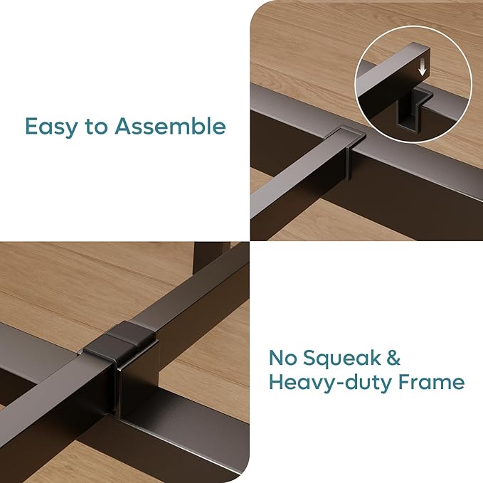 Bestier Queen Bed Frame with Storage Headboard and Charging Station, Grey Platform Bed Frame with LED Light, Non-Slip Metal Bed Frame, Noise-Free, Easy Assembly