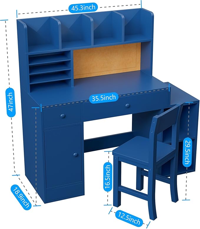 Blue Wooden Kids Desk and Chair Set,Kids Study Table and Chair Set with 4 Storage Open Shelves,Kids Study Desk with 2 Drawers & 4 Cabinet,Girls Study Desks for Kid with Hutch for Bedroom-4VhsXU
