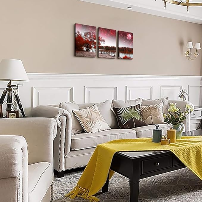 Wall Art Decor Poster Living Room abstract Red Tree Moon Starry Sky red Landscape Painting Bathroom Wall Art Bedroom Canvas Prints 3 Pieces Picture Works Ready to Hang Office Home decoration Artwork